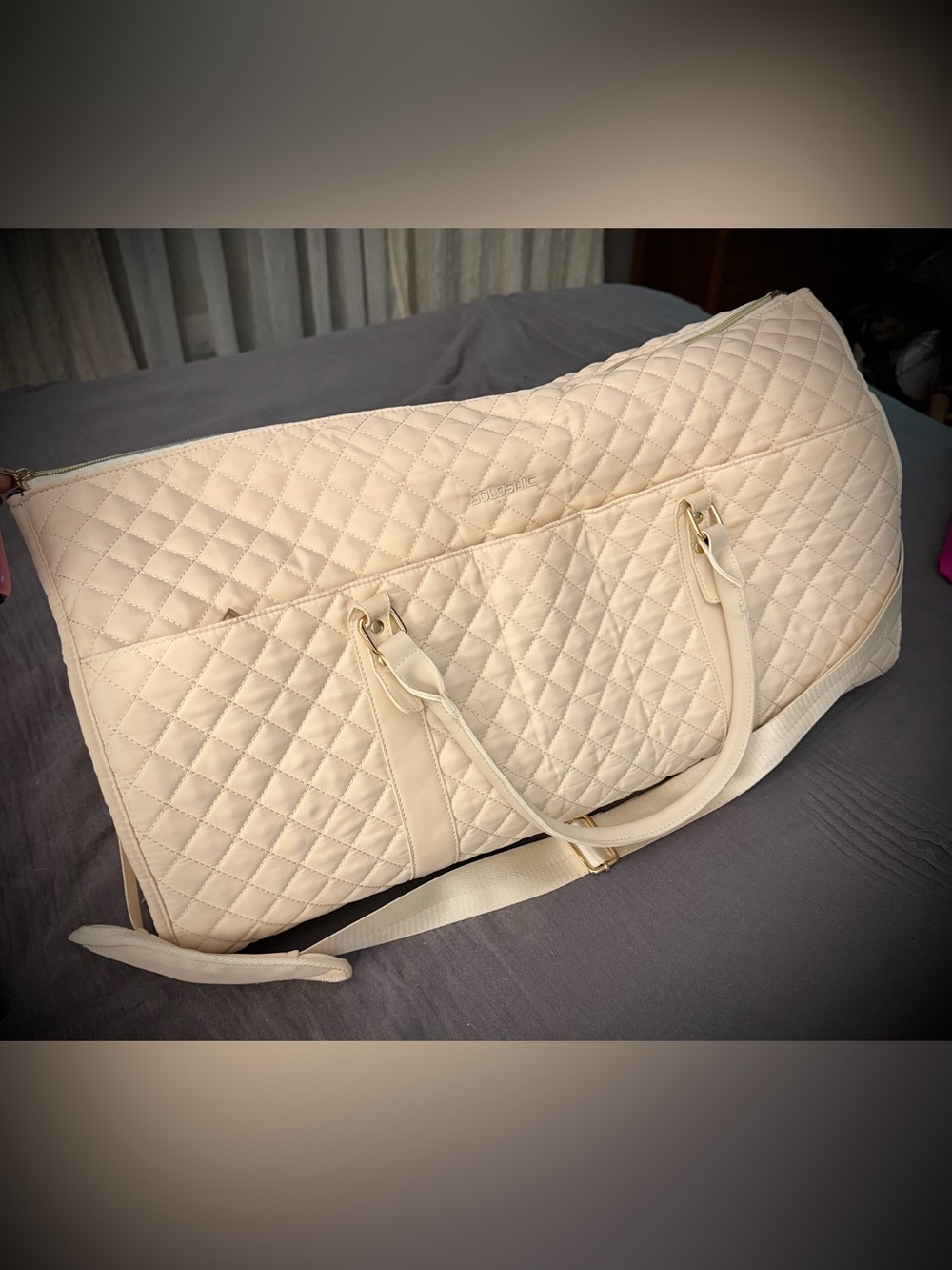 Quilted Cream Travel Duffle Bag for Women
